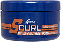 A container of S CURL WAVE-CONTROL POMMADE with a blue and orange label.